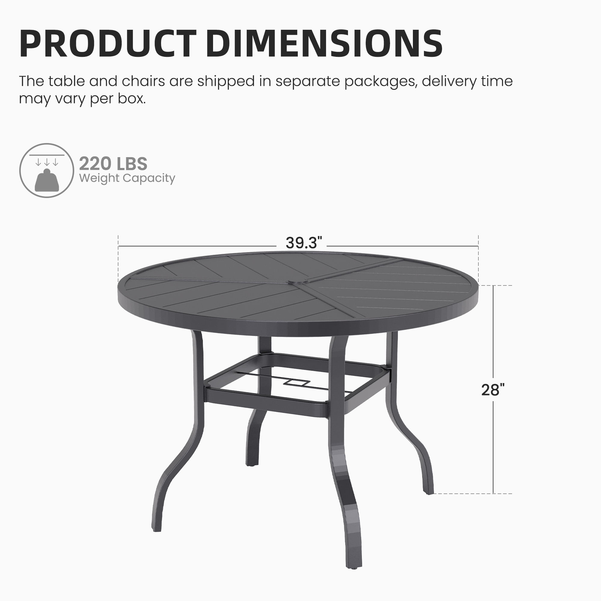 Patio Outdoor Dining Table Round for 4, Metal Steel Rectangle Furniture Table with Umbrella Hole for Garden Backyard, Black
