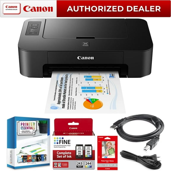 Canon PIXMA TS202 Inkjet Printer for Documents and Photos Up to 4800 x 1200 dpi with Complete Set of Full-Size Ink Bundle Including DGE USB High Speed Print Cable Business Software Kit