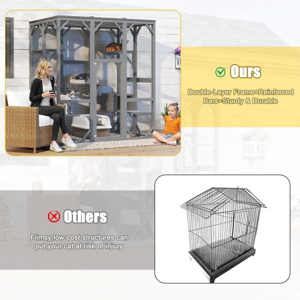 AUU 71" Large Outdoor 3-Tier Cat Enclosure for Multiple Cats, Waterproof Roof, 6 Platforms for Patio Yard Garden