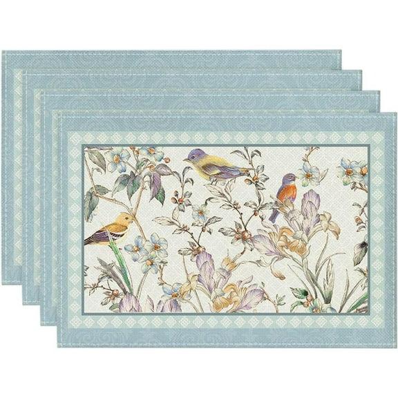 Bird Floral Leaves Chinoiserie Placemats Set of 4, 12x18 Inch Branches Spring Table Mats for Party Kitchen Dining Decoration