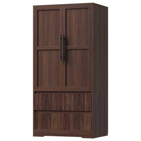32" Armoire Wardrobe Closet with 2 Drawers and Hanging Rod, Modern Farmhouse Bedroom Clothing Storage Cabinet with Adjustable Shelves