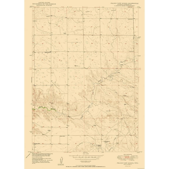 Topographical Map - Prairie View School Wyoming Quad - USGS 1950 - Vintage Wall Art