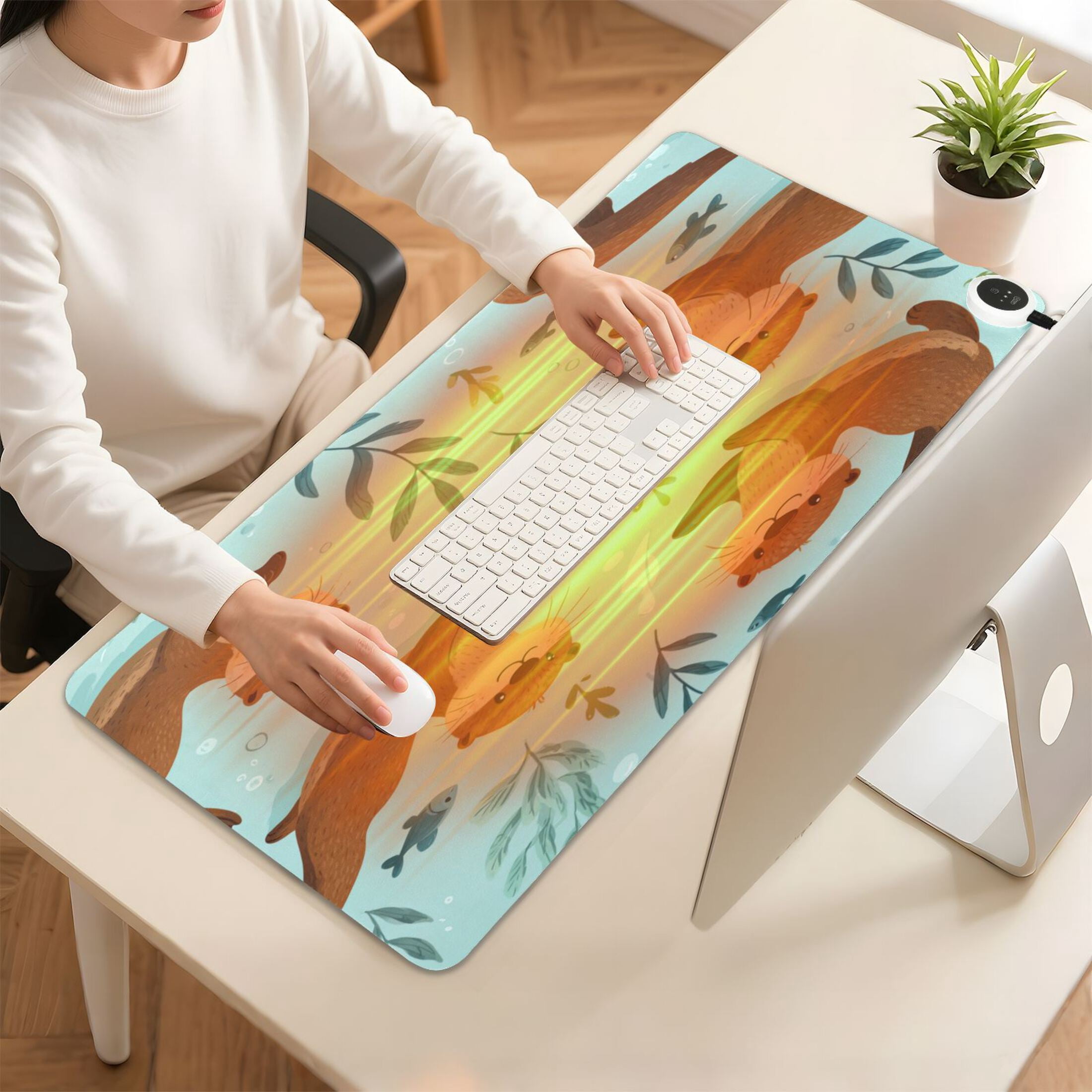 Large Heated Desk Mat Mouse Pad 31.5"x13"PU Leather Graphene Heating Desk Warmer with 3 Temperature Settings 110V US Plug Non-Slip Warm Pad for Home, Office, and Gaming Happy Otter Underwater Art