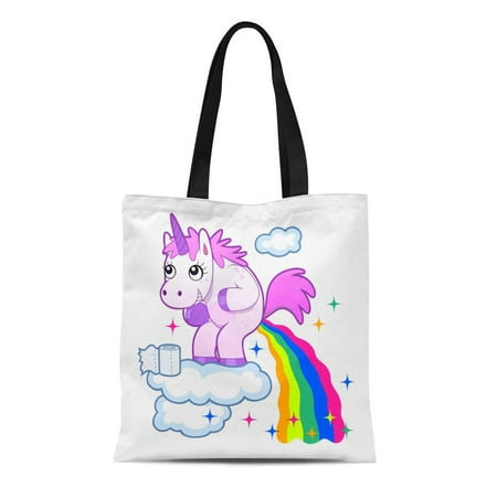 POGLIP Canvas Tote Bag Pink Poop Smiling Unicorn Pooping Rainbow Sky ...