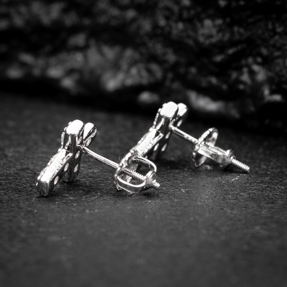 White Gold 925 Sterling Silver Small Mens Women's Prong Set Iced 5A Cz Hypoallergenic Ice Out Hip Hop Cubic Zirconia Cross Screw Back Stud Earrings