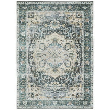 Oriental Weavers Charleston Washable Area Rug - CHA01 - 5' x 7' - in Blue/ Ivory - Vintage Inspired, Non-Slip, Stain Resitant, Ultra Low Pile, Bedroom, Office Rug