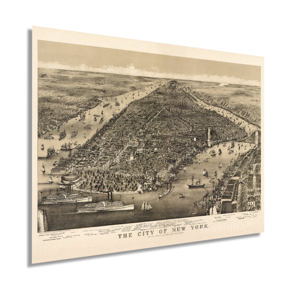 1886 Map of New York City Poster - NYC Vintage Map Wall Art - Panoramic Birds Eye View of New York City Map Art - New York City Map Print - NYC Vintage Poster