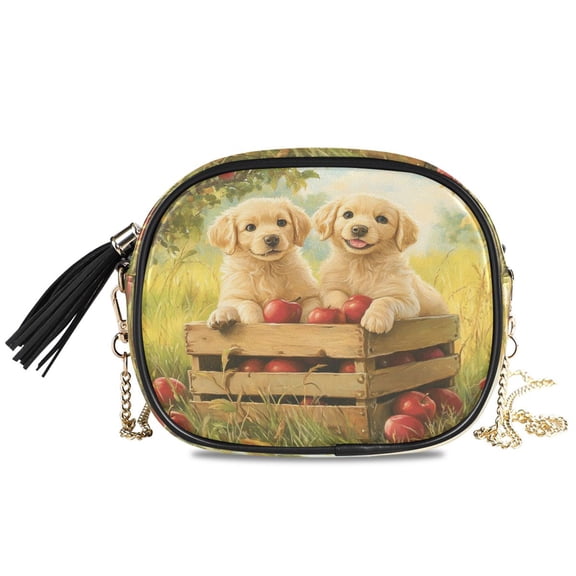 Womens Casual Chain Shoulder Bag Simple style Puppies Sitting on Crate Crossbody Bag