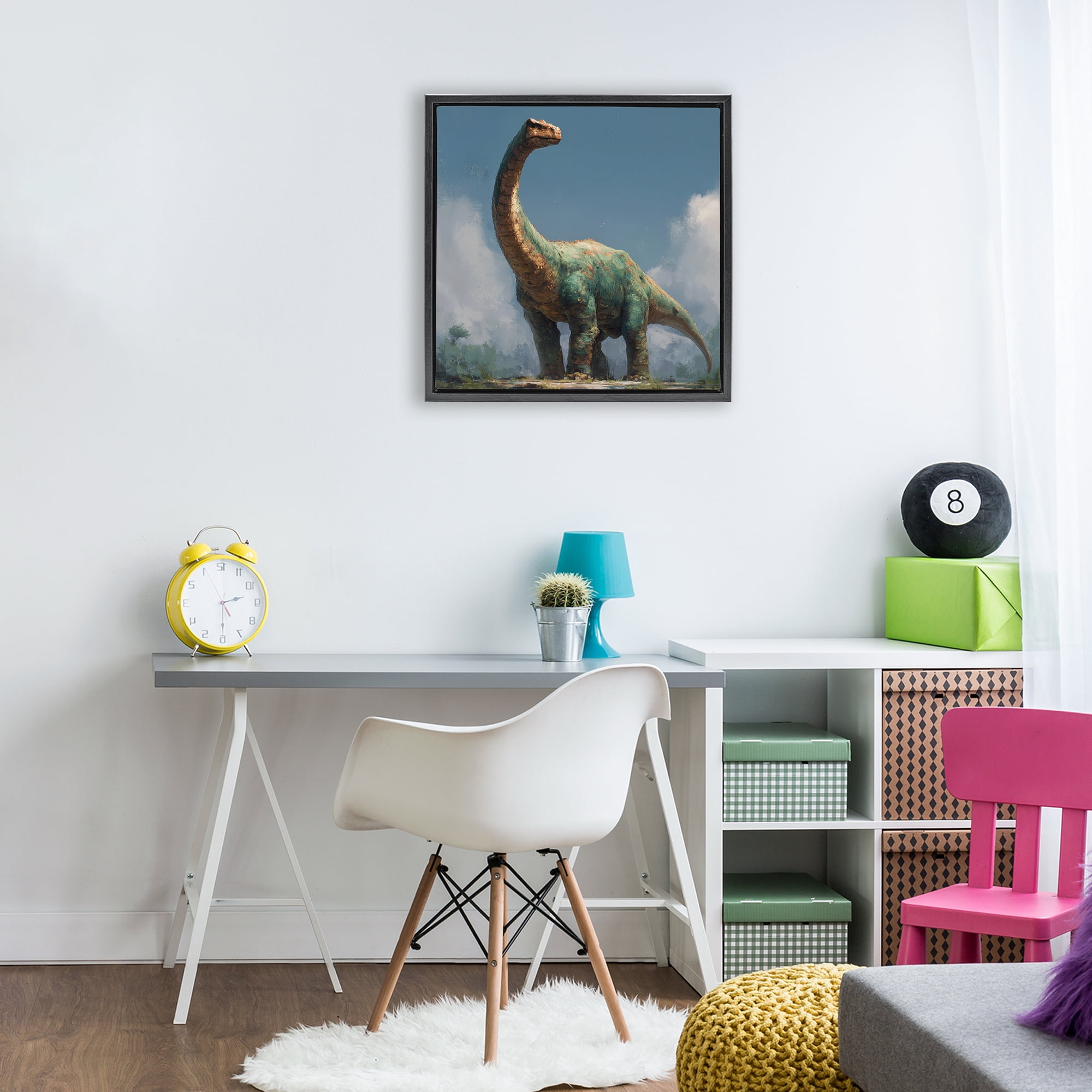 Stupell Industries Colossal Brontosaurus in Meadow Black Framed Floater Canvas Wall Art, design by Wumples