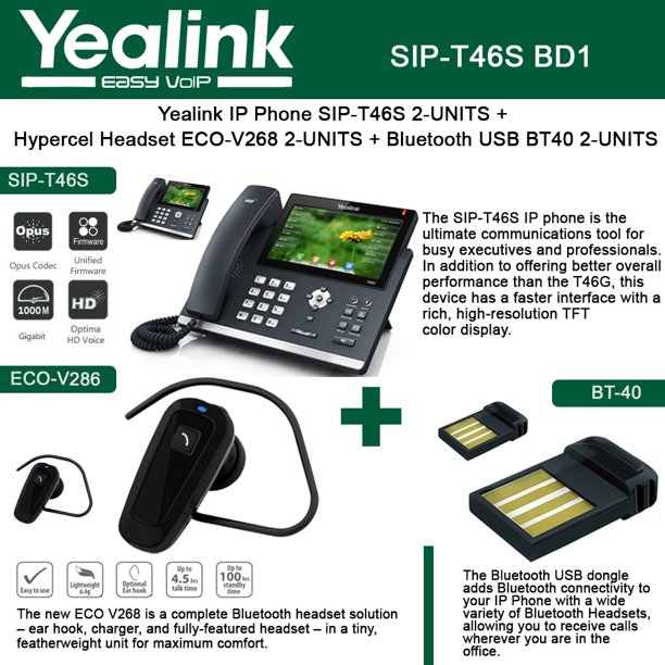 Yealink SIPT46S IP Phone 2PACK + USB BT40 2PACK+Hypercel 2PACK ECO