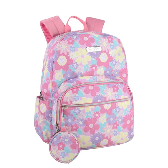 Jessica Simpson Women’s 2 Piece Laptop Backpack with Matching Keychain Coin Purse, Padded Mesh Shoulder Straps and Side Water Bottle Pockets for Commuting and Travel in Pink Flower Bloom