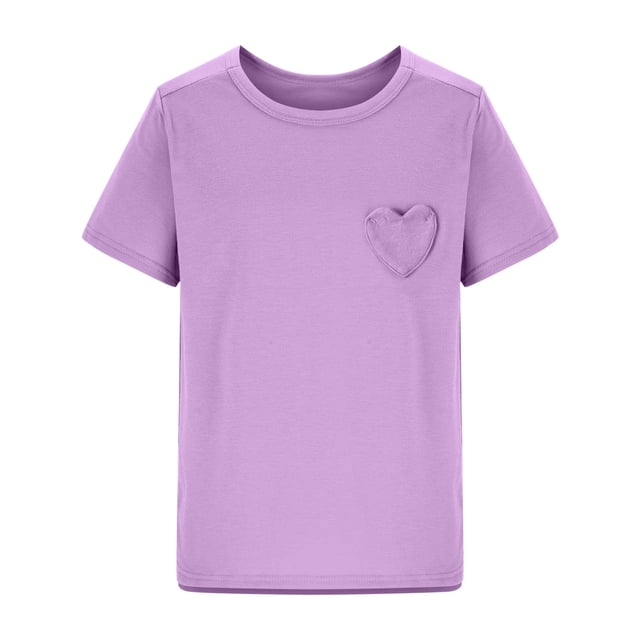 T-Shirt d'Été à Manches Courtes pour Filles, Col Rond, Ourlet, Tunique Douce, Hauts, T-Shirts, Violet, 5-6 Ans
