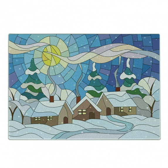 Winter Cutting Board, Stained Glass Inspired Art with Cold Snowy Weather Village with Smoking Chimneys, Decorative Tempered Glass Cutting and Serving Board, in 3 Sizes, by Ambesonne