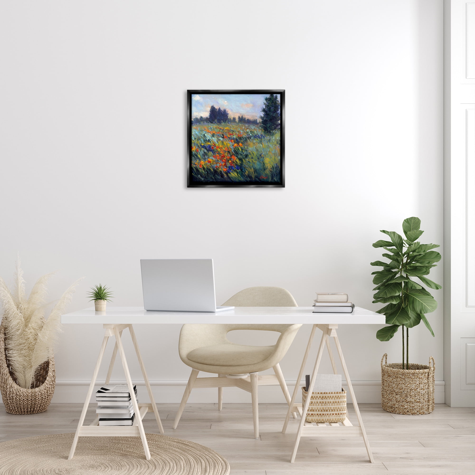 Stupell Industries Flower Meadow Landscape Landscape Painting Black Floater Framed Canvas Art Print Wall Art, 25 x 25