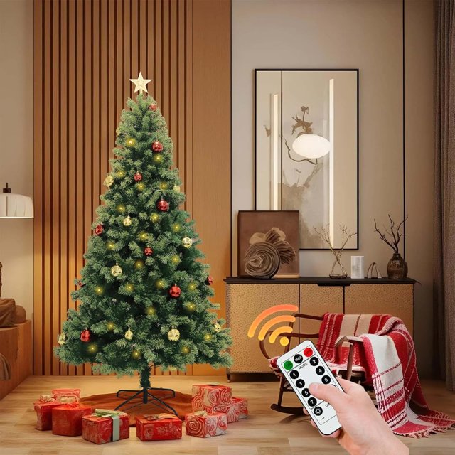 Pre-Lit Artificial Christmas Tree with Remote Control, Hinged Branches for Easy Setup, Full Shape Green Pine Tree with Metal Stand for Home, Office, Party Holiday Decor