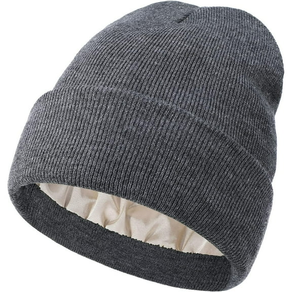 Zhuge Winter Hat, Men's and Women's, Silk Lined, Soft Loose Thermal Curled Beanie (Dark Grey), 1 piece