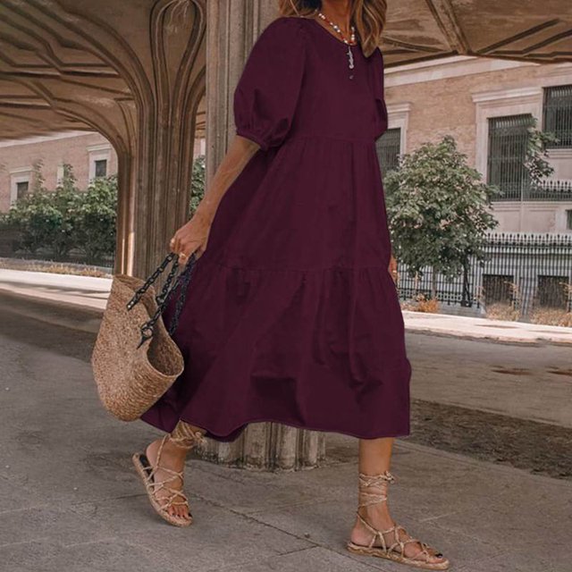 HAWEE Robe d'Été Décontractée Boho pour Femmes Couleur Unie Manches Courtes à Volants Taille Haute Midi Grande Taille Robes de Plage (P-5TG)