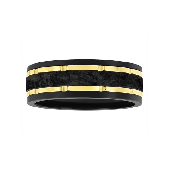Brilliance Fine Jewelry Men's Black Tungsten with Yellow Finish & Forged Carbon Fiber Center Grooved Band - Wedding Band