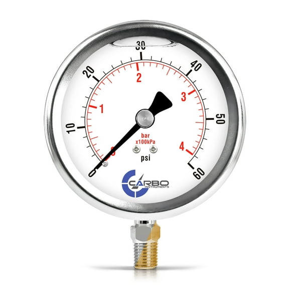 CARBO Instruments 4" Pressure Gauge, Stainless Steel Case, Chrome Plated Brass Connection, Liquid Filled, 0-60 psi/kPa, Lower Mount 1/4" NPT