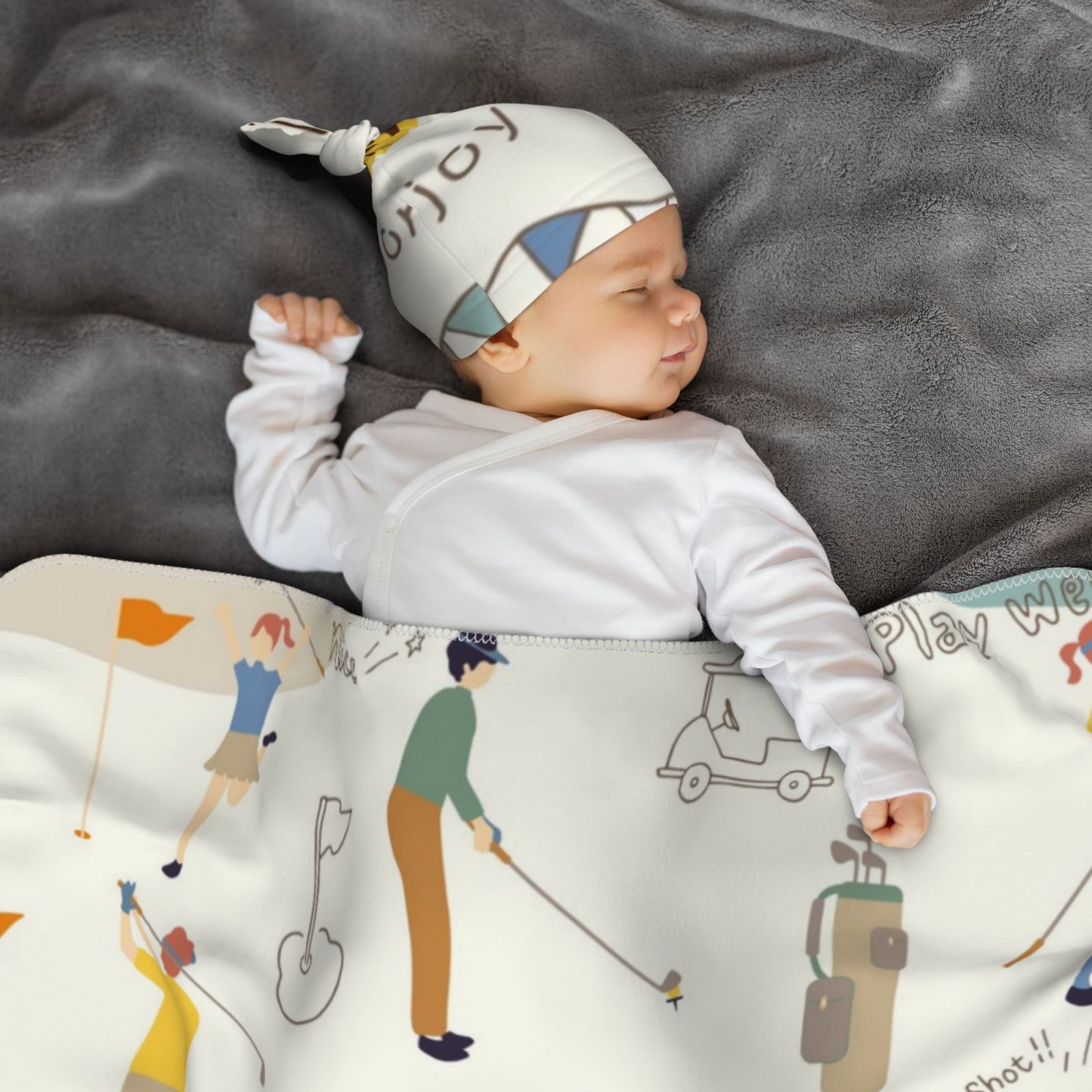 Xecao Golf Icons And Golfer print Unisex Baby Swaddle - a soft and cozy newborn receiving blanket complete with Beanie Set