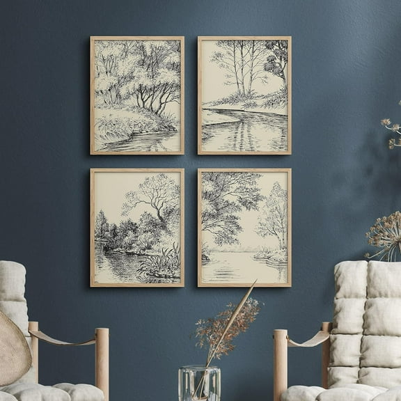 PixonSign Framed Wall Art Duotone Storybook Forest Tree Landscapes Posters, Set of 4 Nature Wilderness Sketch Botanical Canvas Prints, Rustic Wall Décor for Home Decor - 11"x14" Natural
