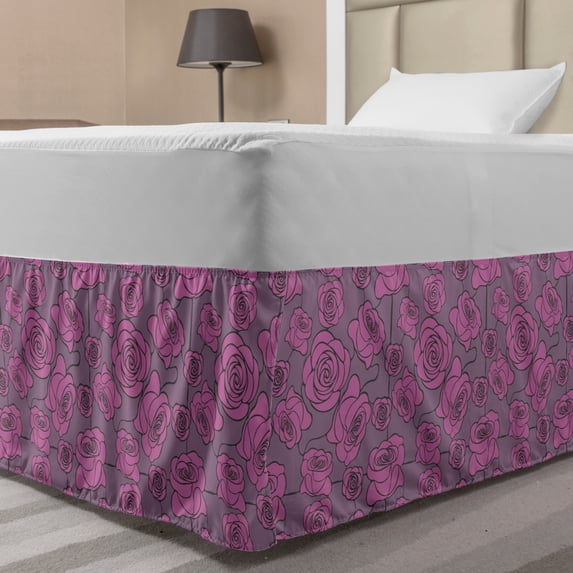 Flowers Bed Skirt, Floral Theme Hand Drawn Roses Pattern Romantic Fashional Art, Elastic Bedskirt Dust Ruffle Wrap Around for Bedding Decor, 4 Sizes, Pale Fuchsia Mauve, by Ambesonne
