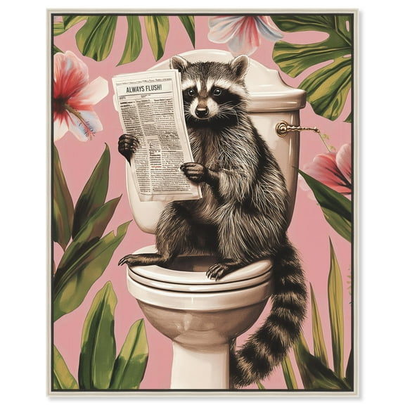 Raccoon Tropical Bathroom Canvas Wall Art by Art Remedy, Silver Floater Frame, 16"x20"