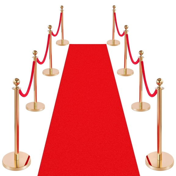 VEVOR Stanchion Post, 8 Pcs Crowd Control Barrier Set with Red Carpet, 6 Red Velvet Ropes, Stainless Steel Gold Stanchion Post Queue with Hollow Base for Theater, Party, Wedding, Exhibition (Gold)