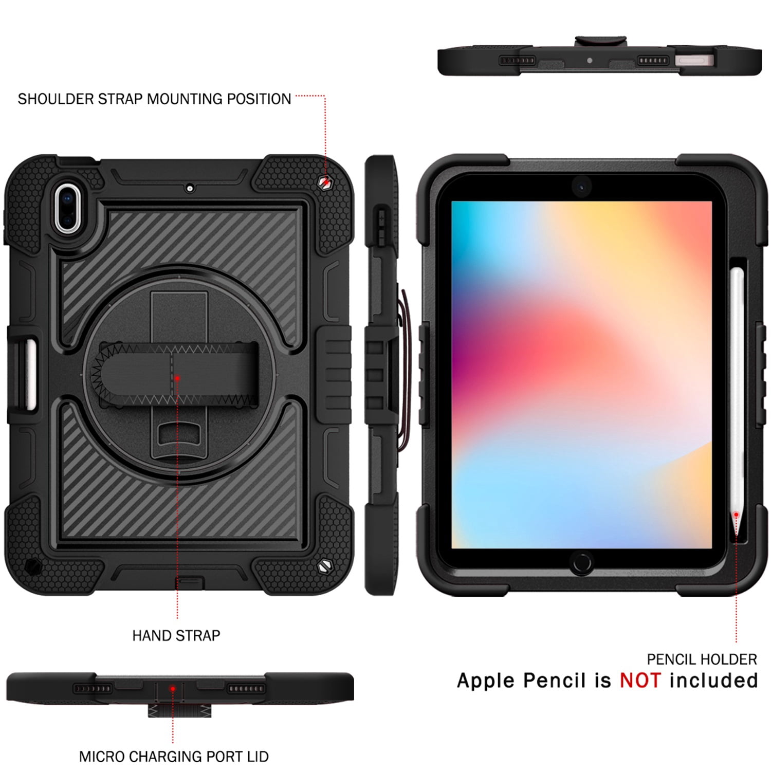 Tarise Case for Apple iPad 10th Generation 10.9 inch (2022), 360° Rotating Kickstand with Pencil Holder/ Hand Strap/ Shoulder Strap Hard PC Rugged Silicone Shockproof Bumper Swivel Stand Cover, Black