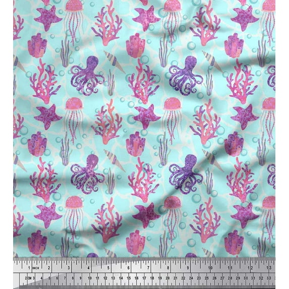 Soimoi Cotton Voile Fabric Coral,Octopus & Jellyfish Ocean Print Fabric by the Yard 42 Inch Wide