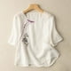 thumbnail image 3 of Top de manga corta de lino vintage holgado bordado para mujer - Blusa informal con cuello en V, 3 of 3
