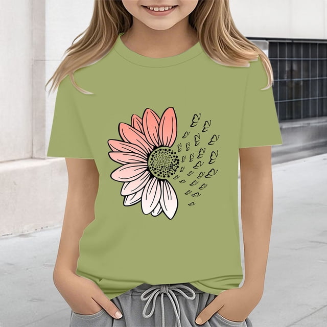 XIMIN T-Shirts Filles Graphiques Tournesol Manches Courtes Col Rond Coton Coupe Ample Décontractée Été