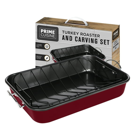 Prime Cuisine Roasting Pan with Rack – 15.75" Turkey Roaster Pan with V-Rack, Nonstick Oven Pan for Cooking, Baking & Roasting – Sturdy Handles for Easy Transport, Easy Cleanup, Burgundy