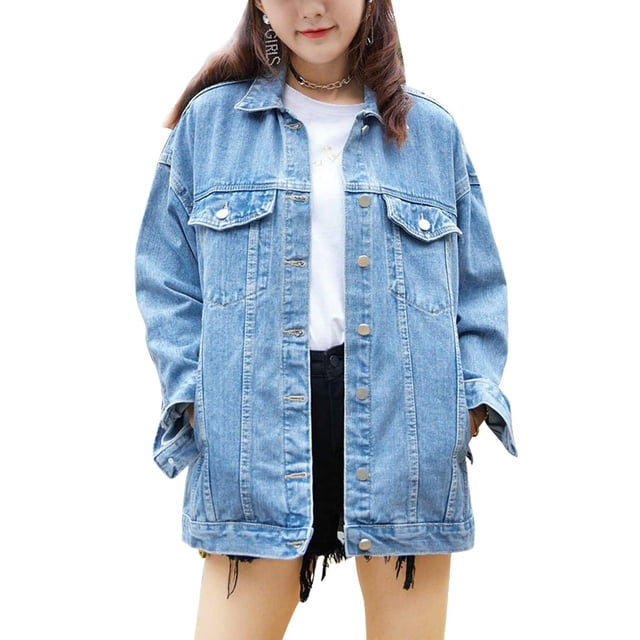 Omoone Chaqueta vaquera de gran tamaño para mujer (0199-Denim Blue-XL)