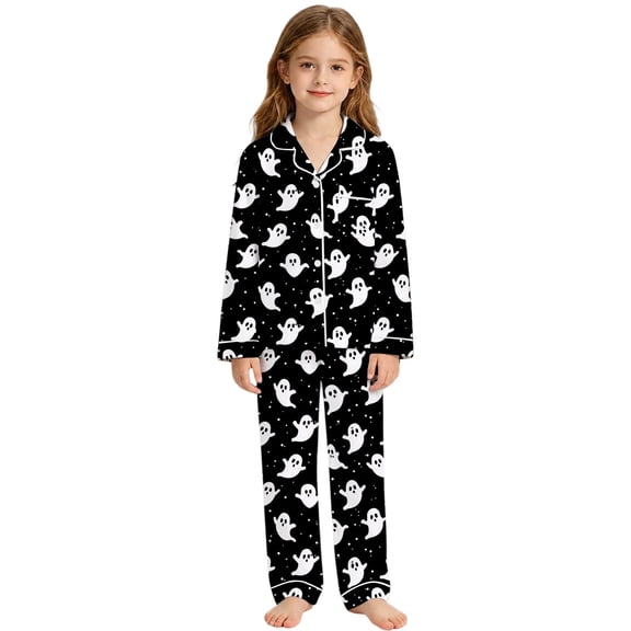 CONZONE Halloween Pajamas for Toddler Girls Printed Long Sleeve Button Down Tops and Pants Hallowmas Loungewear Soft 2 Piece Girls Pjs Set Size 3-4 Years