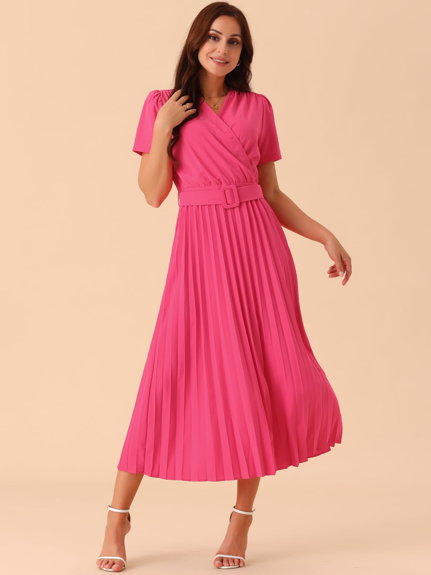 DARING DIVA Short Sleeve Wrap V Neck Flowy Pleated Midi Dress S Hot Pink