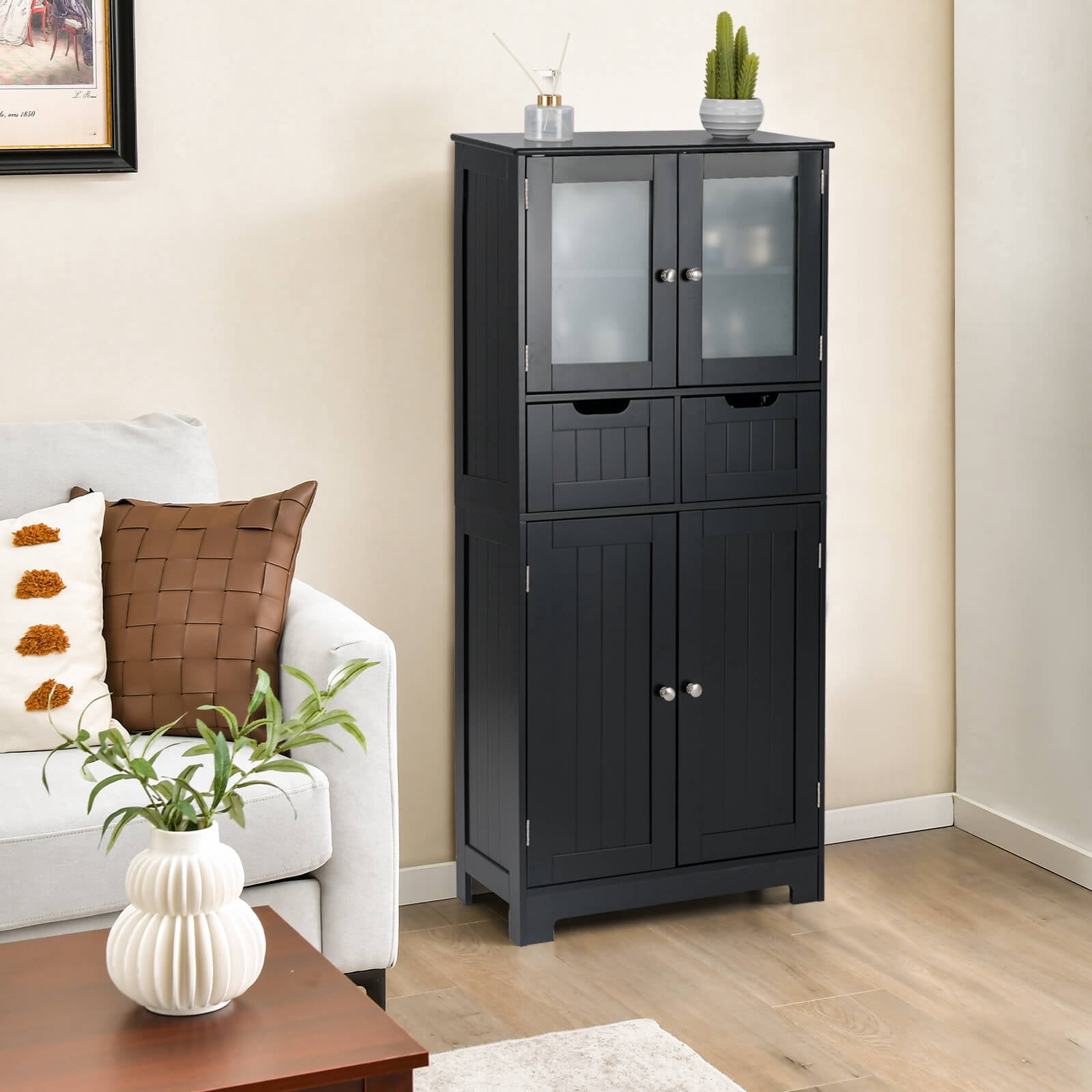 Costway Bathroom Floor Storage Cabinet Kitchen Cupboard with 2 Drawers & Glass Doors Black