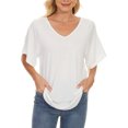thumbnail image 3 of Mujer Hombro Frío Top Cuello En V Manga Con Volantes Color Puro Transpirable Encaje Patchwork Dobladillo Camisa Casual Blanco S, 3 of 6