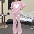thumbnail image 5 of EnJoCho Girls Heart 2 Piece Outfit Set Kids Short Sleeve Top Baggy Legging Flared Pants Cute Graphic Casual Outfit School Trendy Little Girls Linen Short Sleeve Pants Outfit, 5 of 5
