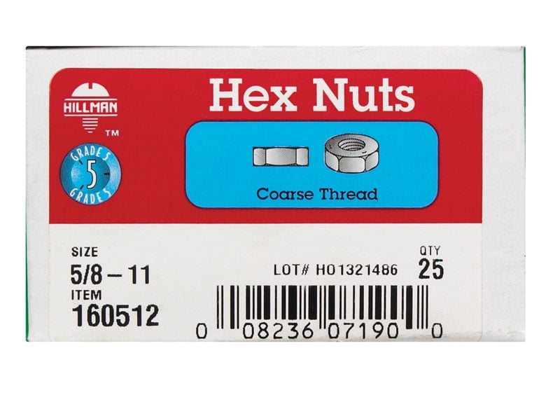 Hillman 160512 Hex Nut 5/8" Zinc-Plated Steel USS Zinc-Plated