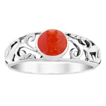 Intricate Lace Swirl Vines Round Red Coral Sterling Silver Ring-7