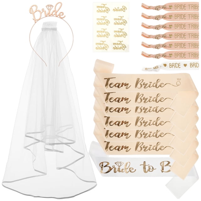 17 Pcs Bride to Be Sash and Veil Set Beautiful Bride and Friends Bachelorette Party Kit Include Sash Headband Tattoo Sticker for Bachelorette Party-17pcs-