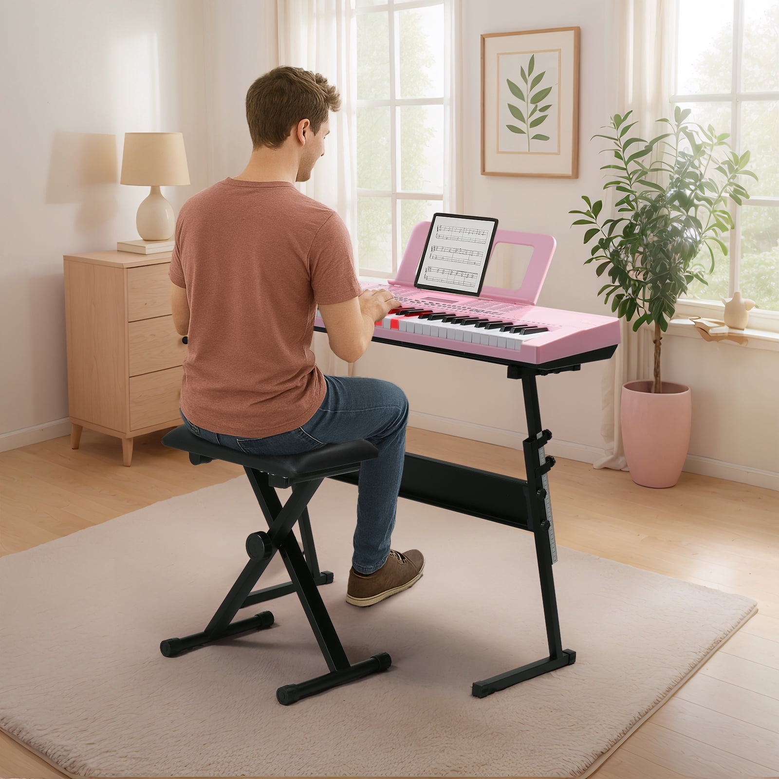 Ktaxon 61 Keys  Keyboard Piano with Lighted Keys, Z-Stand, Piano Bench, Pink