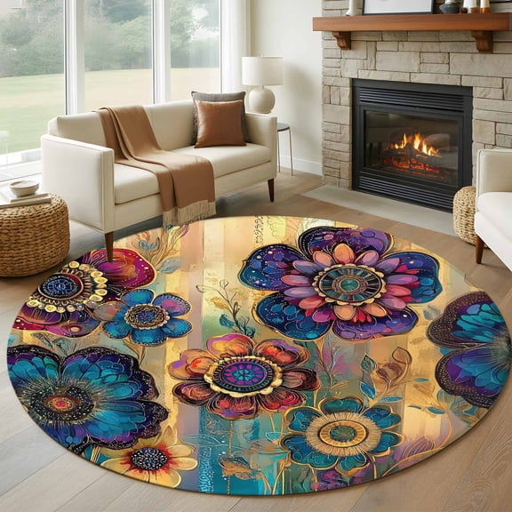 Round Rugs 5Ft, Vintage Purple Floral Round Area Rug Washable Indoor Throw Carpet, Retro Flowers Ethnic Abstract Art Soft Non Slip Circle Rug for Cabinet Bathroom Home Decor Aesthetic