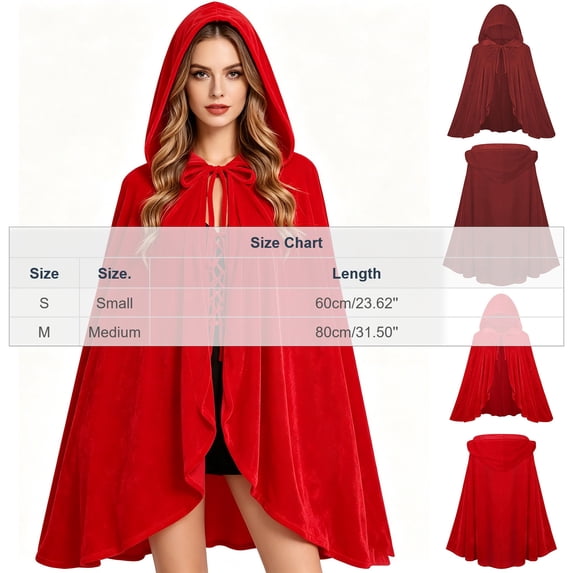 BFHHYA Hooded Velvet Short Cape for Adult Fancy Red Cloak with Ruffle Hem Women Halloween Cape for Party Dress Up Photo Prop