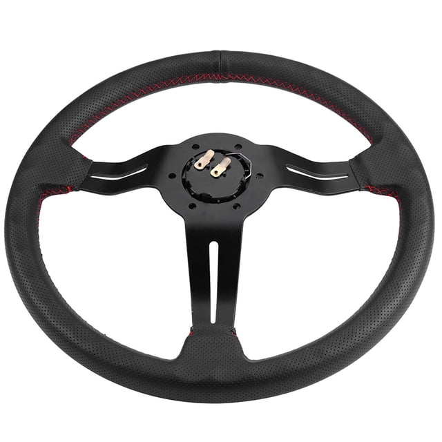 Volante de coche de cuero perforado negro con marco de aluminio universal de 350 mm/14 pulgadas con bocina (rojo)