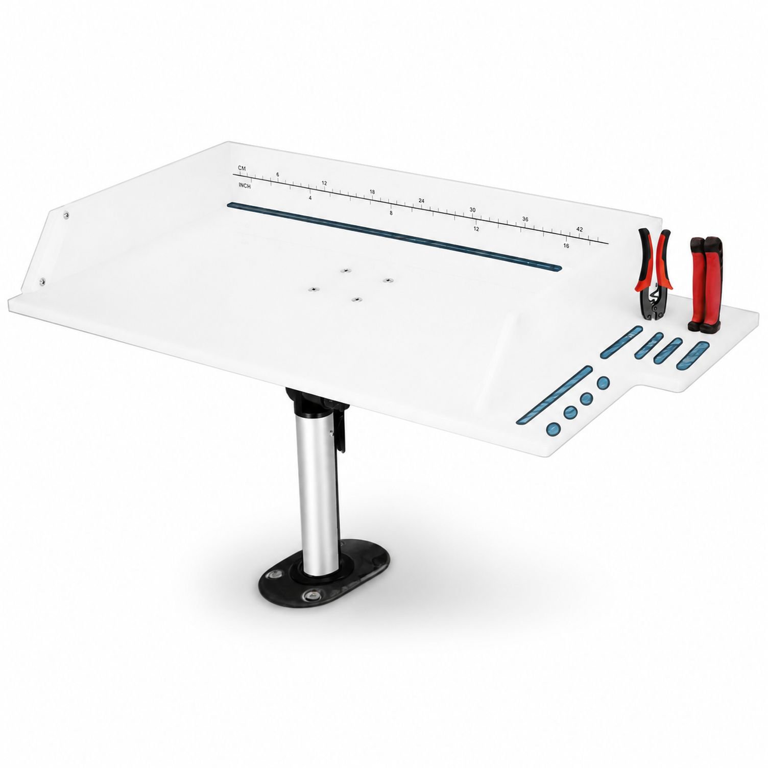 Boat Cutting Board with 360° Adjustable Rod Holder 25.1 x 13 White Polyethylene Fish Cleaning Table with Scale Fish Pad and 2 Lip Grippers