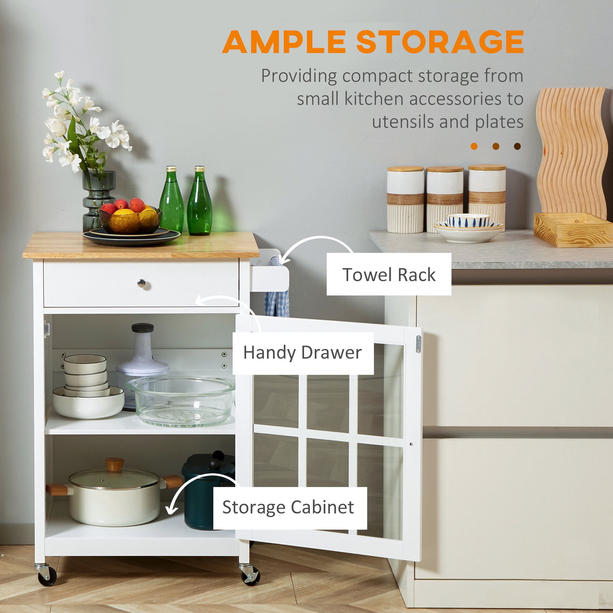 Knubmt Wood Top Kitchen Island with Drawer and Glass Door Cabinet, Rolling Kitchen Cart with Shelf and Towel Rack, White