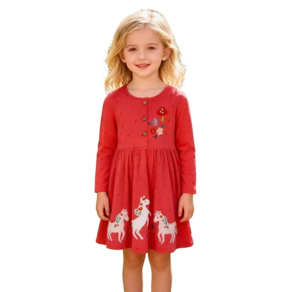 Curuila Child Toddler Girls Dress Long Sleeve Cartoon Print Crew Neck Autumn Fashion Dresses Size 2 Year