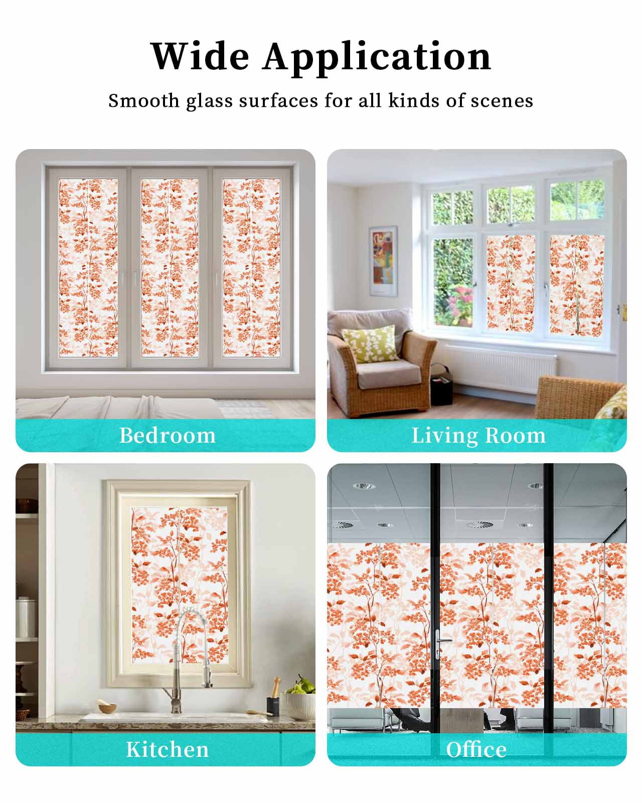 Window Privacy Film Burnt Orange Botanical Stained Glass Window Film Decorative Sun Block Window Cover Vintage Nature Flower Window Clings Static Adhesive Sticker for Bathroom 23.6"x59"